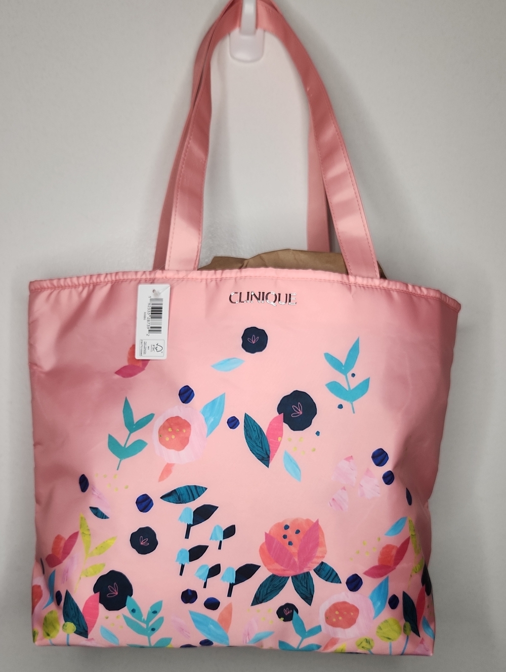 NWT Clinique pink painted flowers shoulder bag.